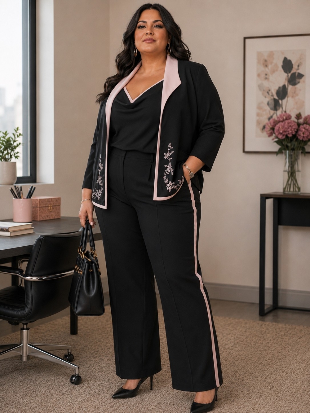 Anthony Richards Black Embroidered Blazer Jacket Pink Trim Plus Size 22 Office